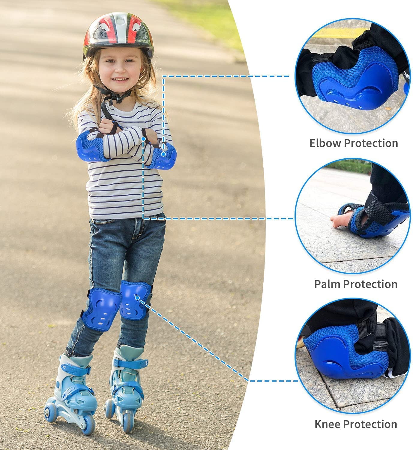 JEEXI Blue Knee & Elbow Pads for Kids 7 Pack - Youth Children Guards Protective Gear Pad Set for Roller Skates Cycling BMX Bike Skateboard Inline Skating's Scooter Riding Sports (Blue)