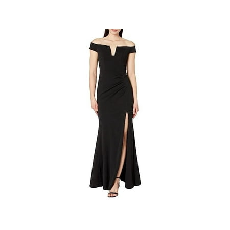 XSCAPE Maxi Dress Women's 10 Black Side Slit U-Front Off The Shoulder ERK263