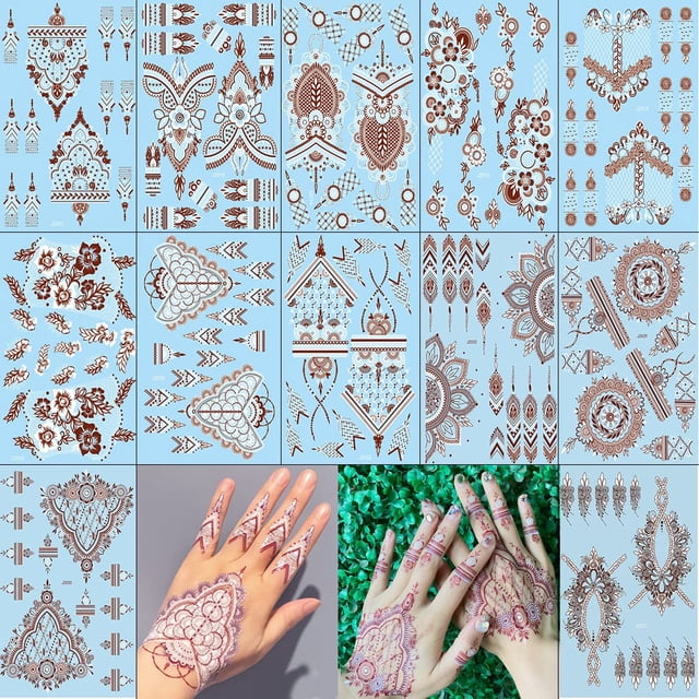 Calcomanías de Tatuajes de Henna XMASIR 12 Hojas Impermeables Bicolor