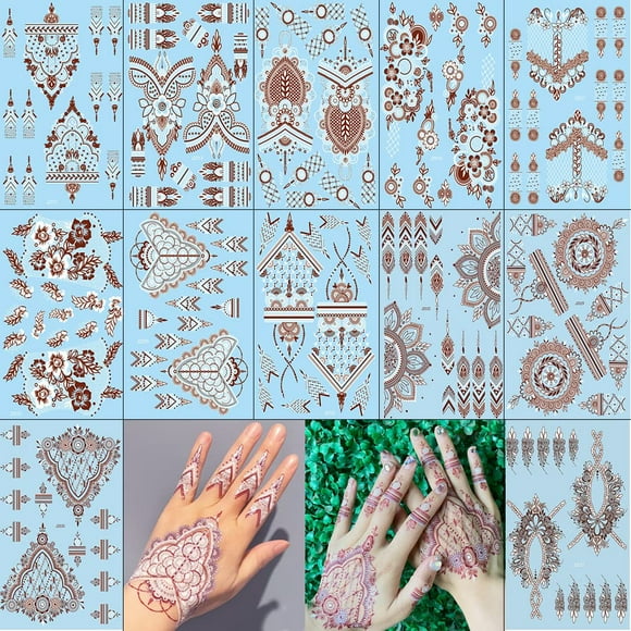 Calcomanías de Tatuajes de Henna XMASIR 12 Hojas Impermeables Bicolor