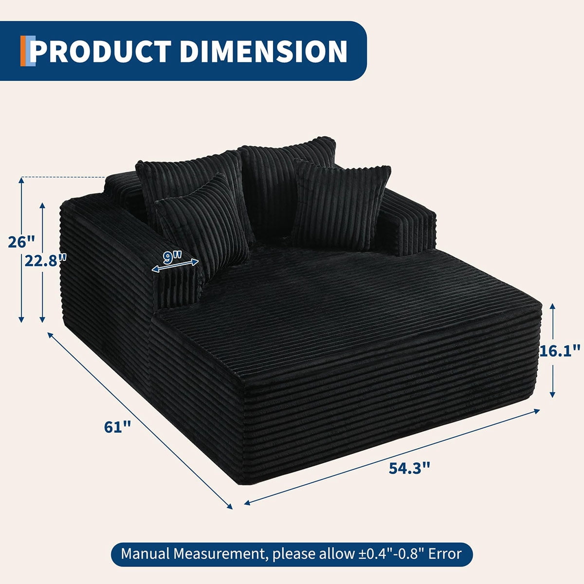 Danolapsi 54.3" Oversized Chaise Lounge,Wide Boneless Corduroy Loveseat with 4 Pillows, Armrests, Comfy Fluffy Reading Couch, No Assembly Required Deep Seat Sofa for Living Room, Bedroom, Office