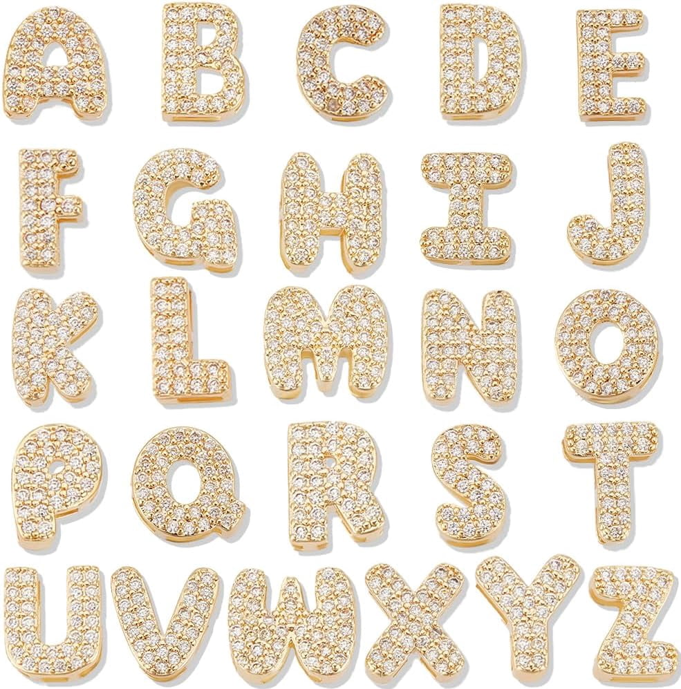 1 Box 26Pcs 26 Styles Cubic Zirconia Letter Charms 18K Gold Plated Brass A-Z Alphabet Charms Beads for Bracelets Necklace Wristbands DIY Jewelry Making Clear