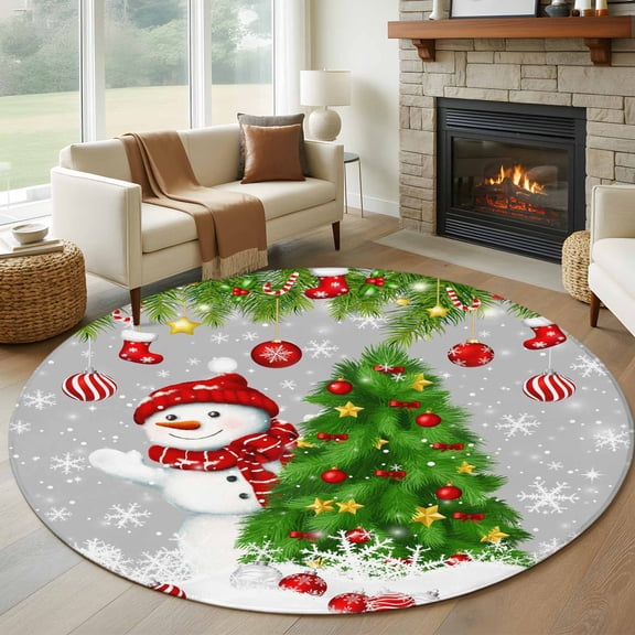 Round Rug 7Ft Washable Non-Slip, Grey Christmas Circle Area Rugs for Living Room Bedroom, Snowman Xmas Tree Ball Snowflake Indoor Floor Mats Carpet Runner for Home Decor Aesthetic