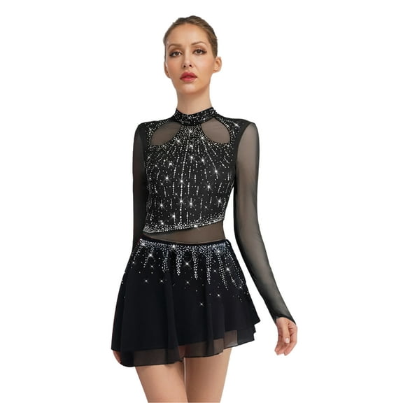 iiniim Women Lyrical Dance Dress Figure Ice Skating Costume Mesh Long Sleeve Ballet Leotard Skirts Black L