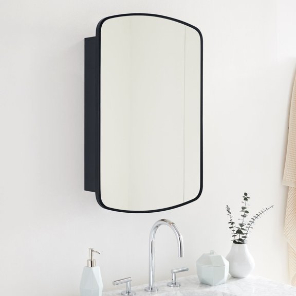 TEHOME Matt Black Surface and Recessed Mount Medicine Cabinet with Mirror Metal Framed Arch Bathroom Wall Cabinet with Mirror 18x27''