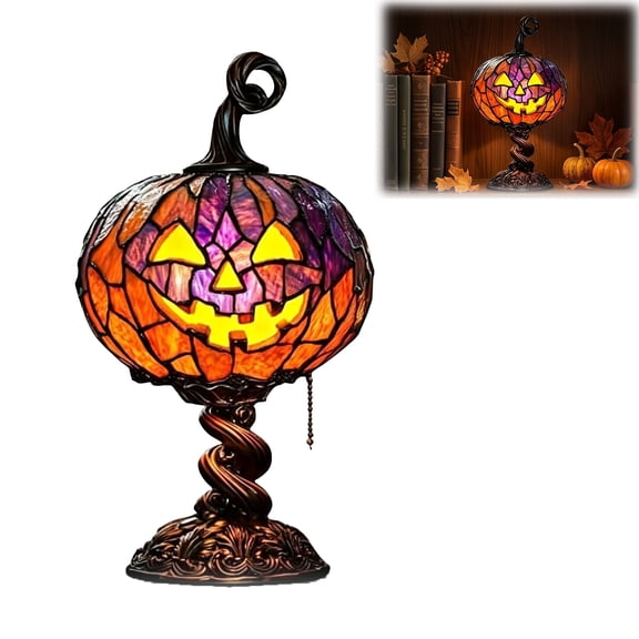 Stained Glass Halloween Pumpkin Table Lamp, Jack-O-Lantern Night Light, USB Powered Vintage Decor, Desktop Ornament for Fall