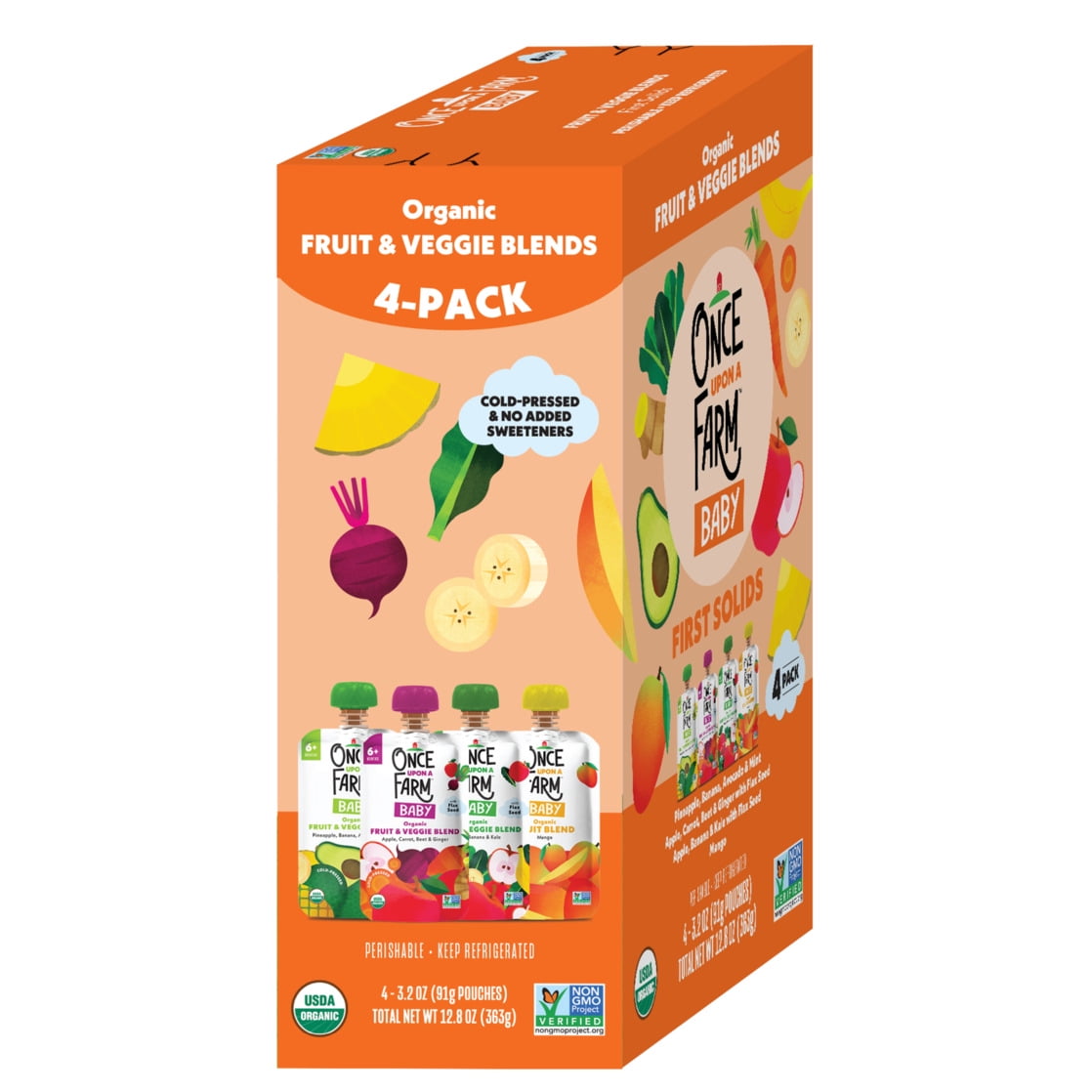 (3 pack) Once Upon a Farm Organic Refrigerated Baby Food Fruit & Veggie Blends Starting Solids Variety Pack, 3.2oz Pouch (4 Pack)
