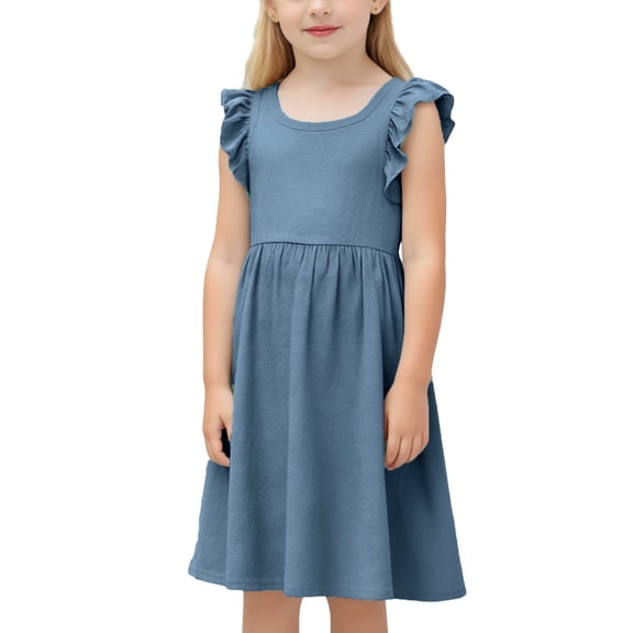 Zpanxa Girls Dresses, Kid's Breathable Princess Dress Solid Off Shoulder Round Neck Dresses Blue 4 Years