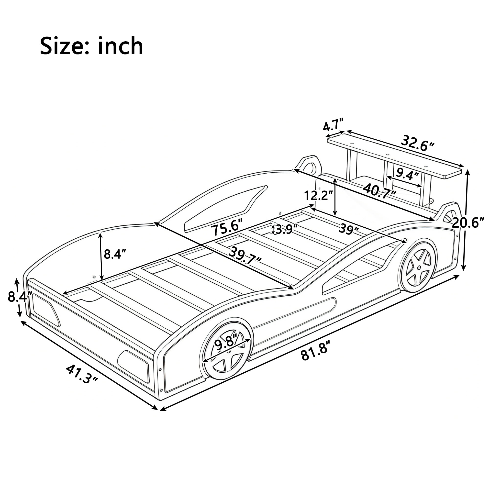 Wooden Race Car Bed, Car-Shaped Platform Twin Bed with Wheels For Teens, Blue & Yellow