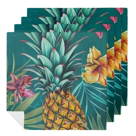 ARISTURING Pineapples Flowers Leaves Dinner Napkins Washable Reusable Fabric for Events 4 PCS