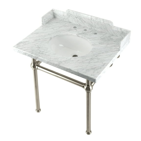 Kingston Brass LMS3030MB8 Pemberton 30" Carrara Marble Console Sink with Brass Legs (8-Inch, 3-Hole), Carrara Marble White/Brushed Nickel