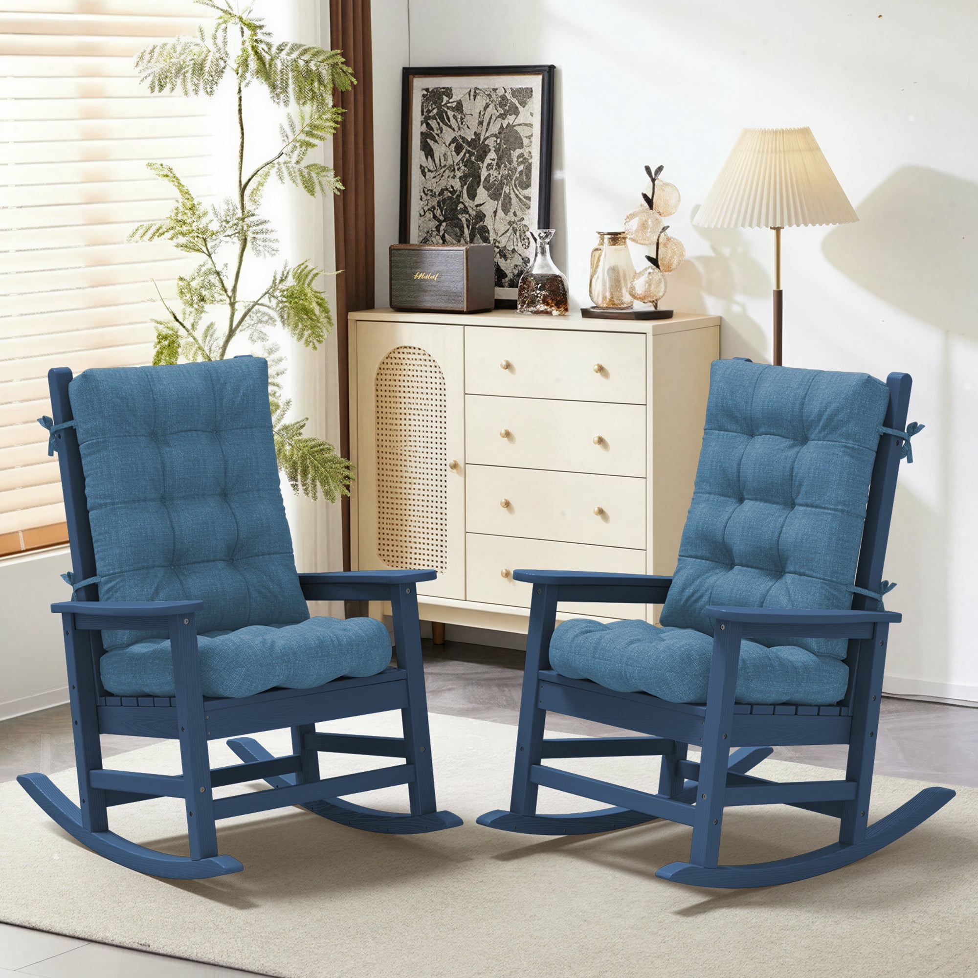 FUNDAZE Outdoor Chair Cushion, 47"L x 19.9"W 2 Piece Cushion W/ Ties for Indoor Outdoor Rocking Chairs, Dark Blue
