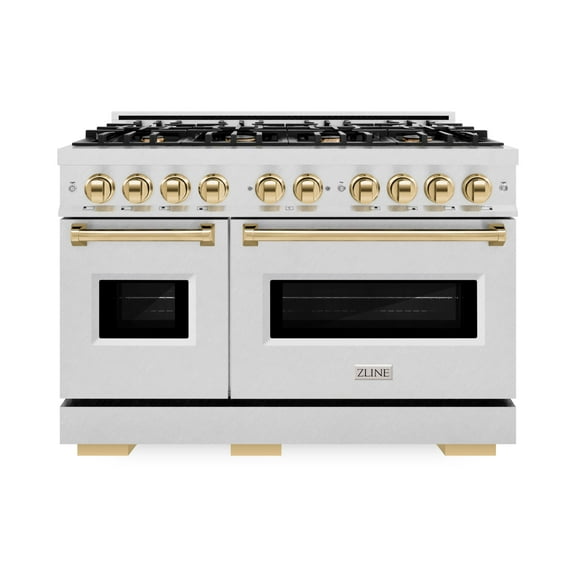 ZLINE Autograph Edition 48 in. 6.7 cu. ft. Classic Double Oven Gas Range with 8 Burner Cooktop in DuraSnow Stainless Steel and Polished Gold Accents (CGRSZ-48-G)