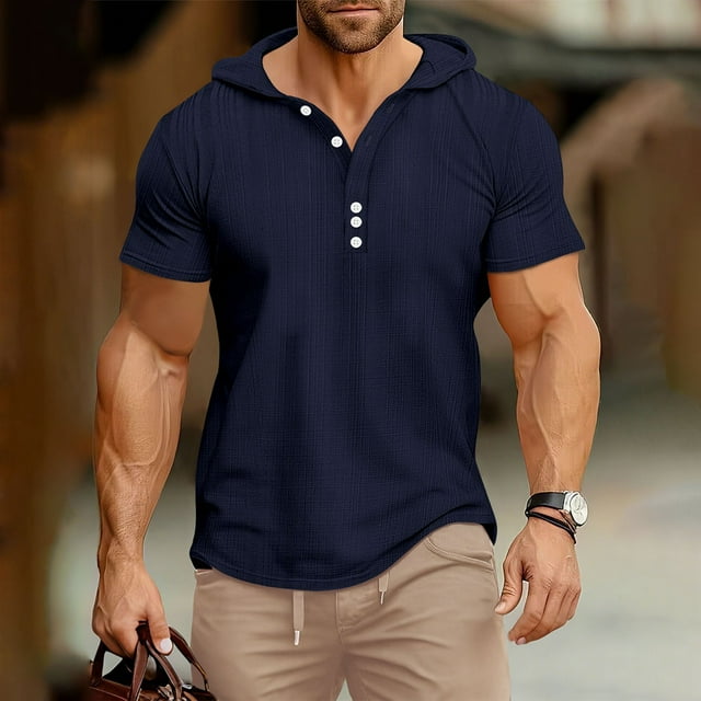 pstuiky Mangas cortas para hombre, Camisa informal de lino de manga corta con botones y cuello abatible para hombre, color liso, para verano camisas casuales para hombre m
