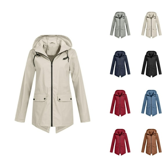 Women's Raincoats Lightweight Waterproof Windproof Long Sleeve Zip Up Hooded Rain Coat with Pockets Rain Jacket Women