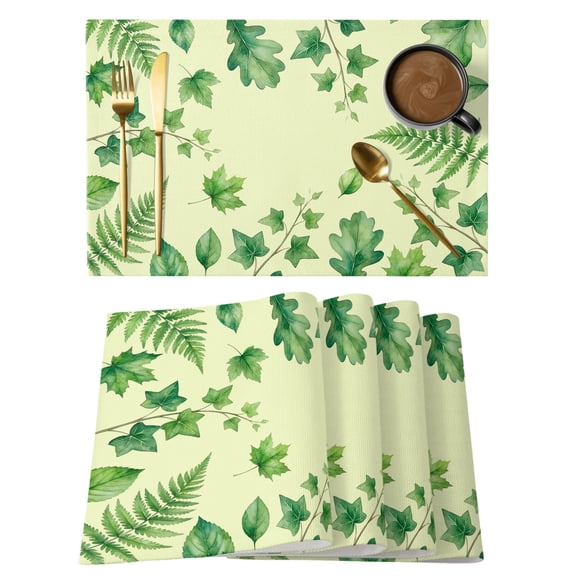 Spring Botanical Placemats Set of 4 Green Ivy Ferns Oak Leaves Yellow Place Mats Indoor Wipeable Table Mats Washable Cloth Dining Table Placemats for Kitchen Holiday Party Home Decor 13x19 Inch
