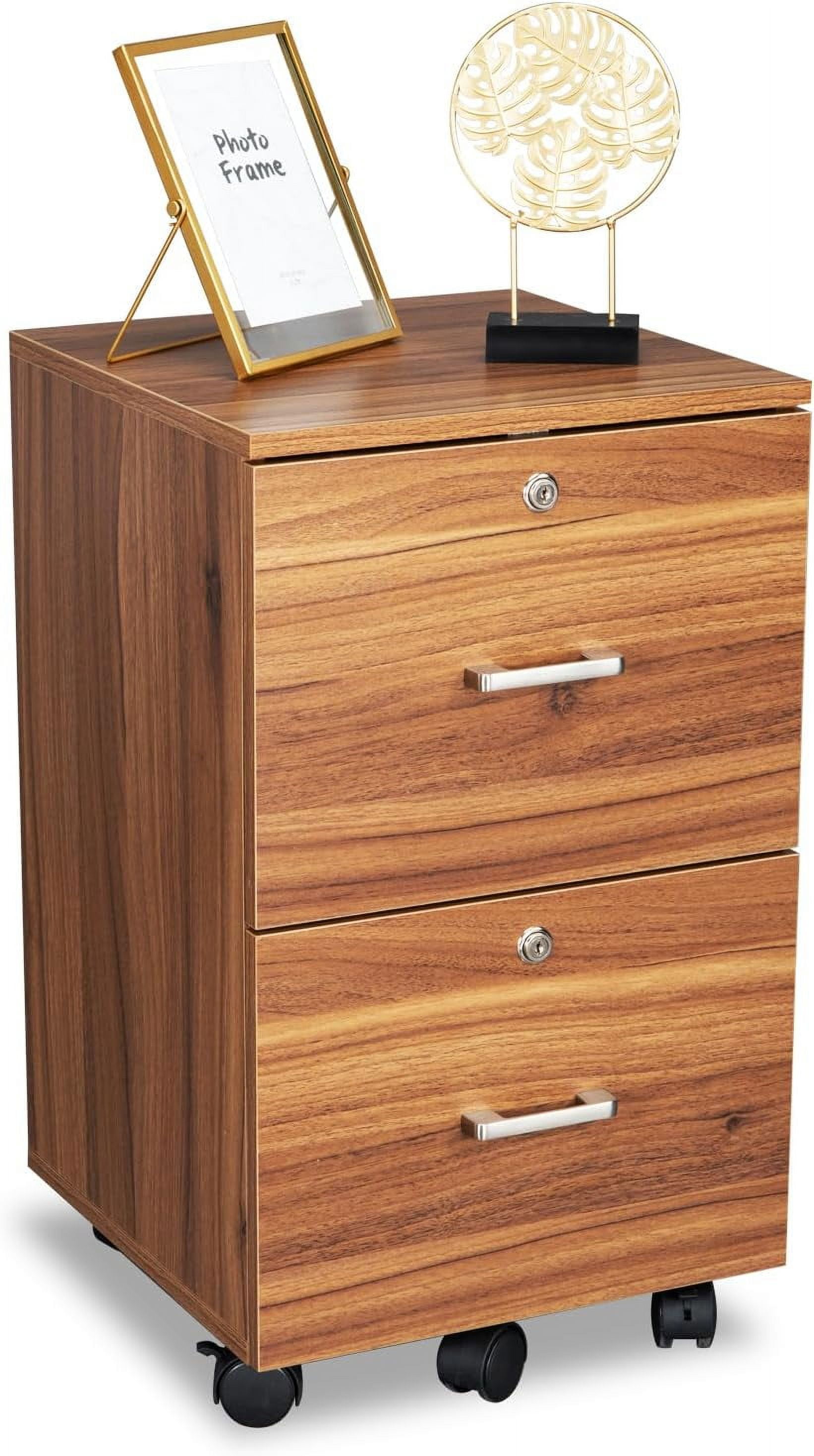 2 Drawer File Cabinet with Lock, Wood Grain Walnut File Cabinet for Letter Size File Folders with Tabs, Under Desk Rolling File Cabinets for Home Office, Mobile Filing Cabinet Printer Stand