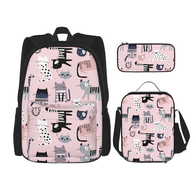Disketp Cat Mochila Estampada de Gran Capacidad con Lonchera y Estuche, Set de 3 Piezas para Estudiantes