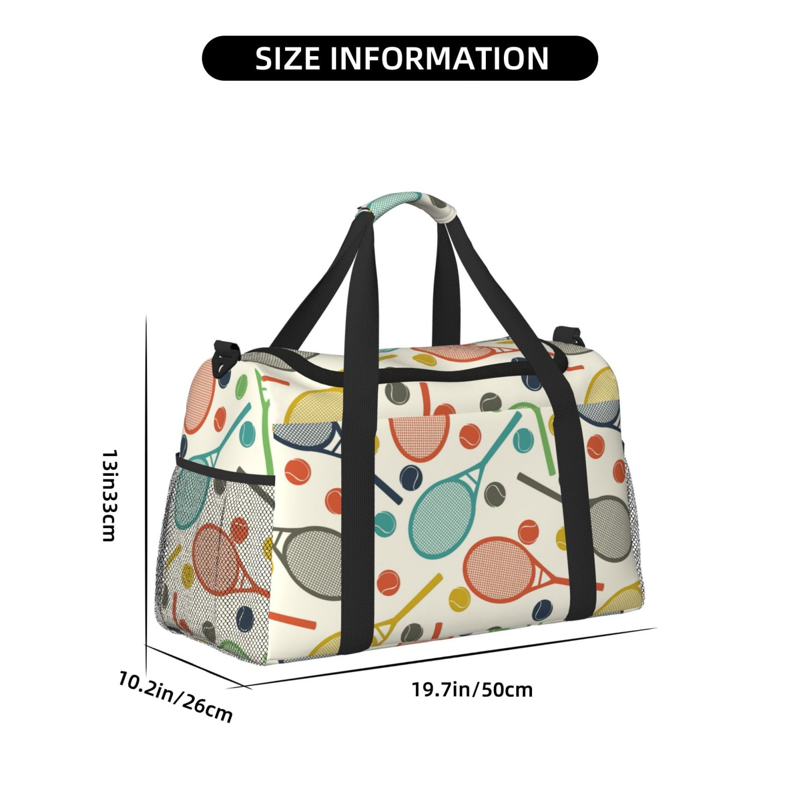 Defioc Racket and Tennis Ball Print Hand Travel Bag - Foldable Travel Duffel Bags for Men Women -Sport Gym Bag - Overnight Travel Duffel Bag - Adjustable Shoulder Strap