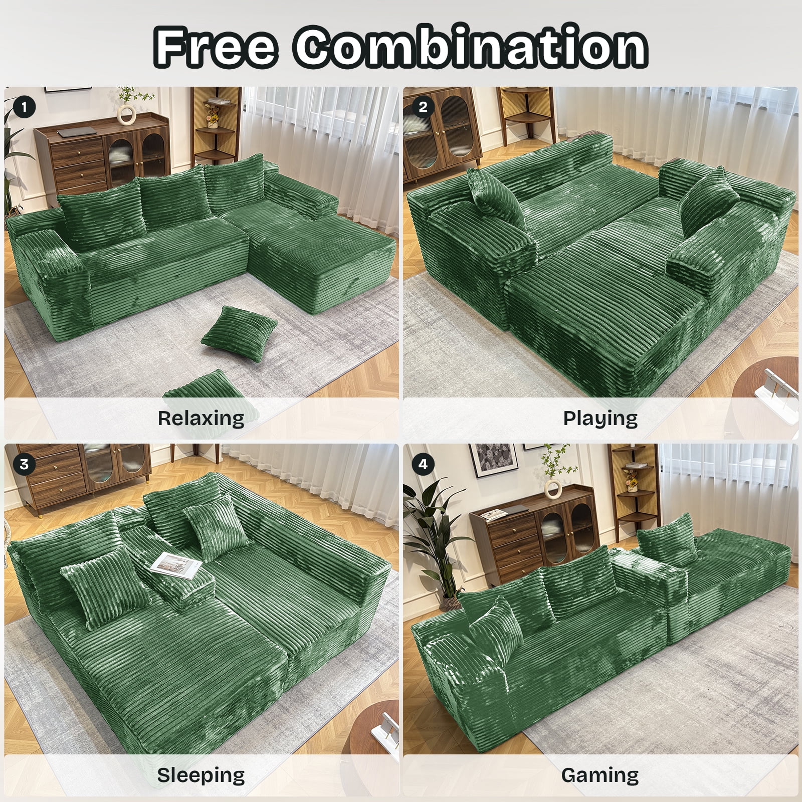Kelyda 104'' Modular L-Shaped Sectional Sofa, Modern Memory Foam Deep Seat Corduroy Boneless Cloud Couch Green