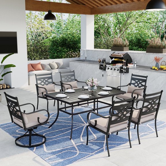 MF Studio 7-Piece Outdoor Patio Dining Set with 4 Pieces Ding Chairs, 2 Pieces Swivel Chairs with Removable Cushions & Pillows & 1 Piece Rectangle Metal Table