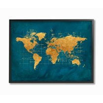 Stupell Industries World Map Gold Blue Texture Watercolor Chart Design Black Framed Art Print Wall Art, 24x30, by Beth Albert