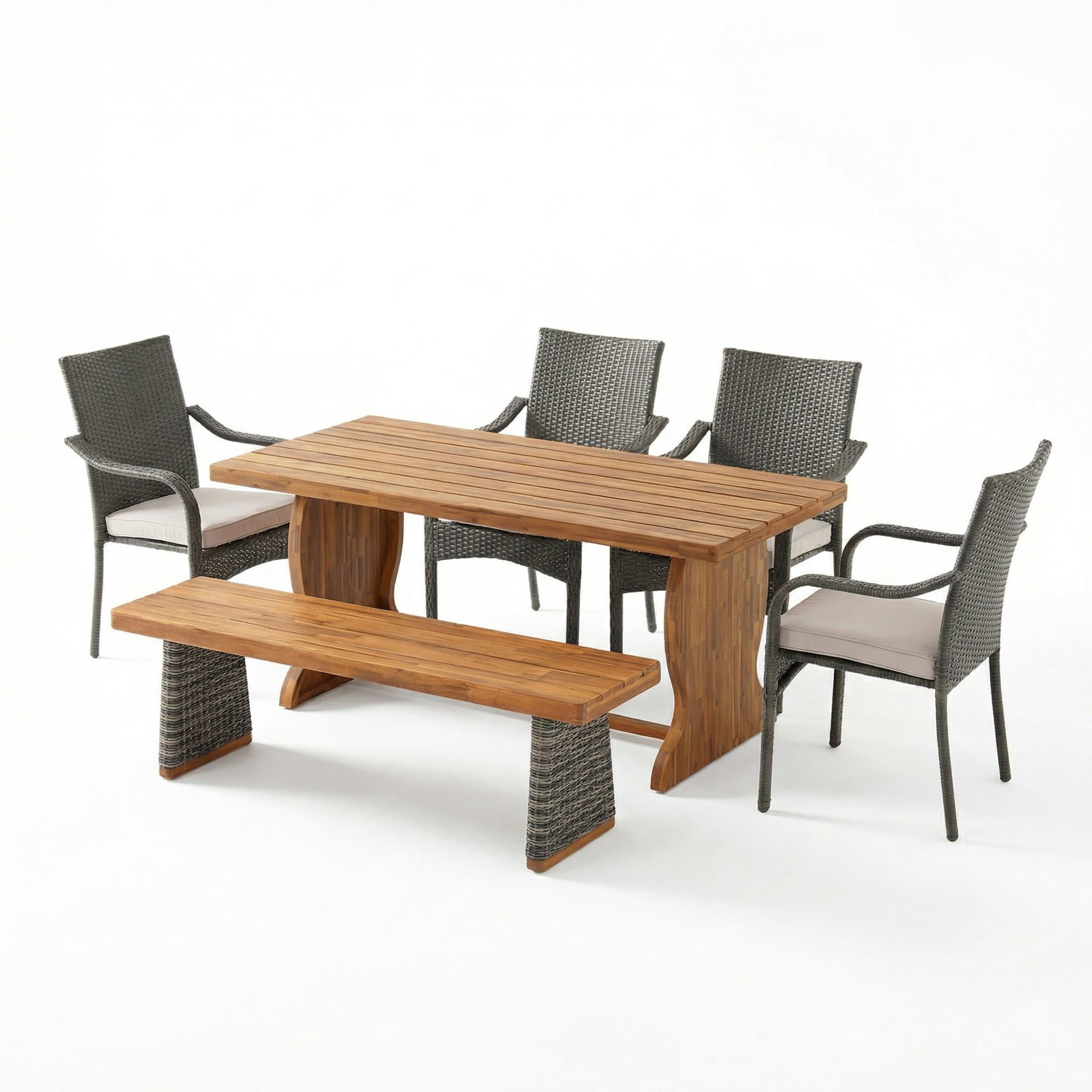 Christopher Knight Home 6-Piece Outdoor Dining Set, Table with Rattan Stacking Chairs and Bench, Gray+Teak
