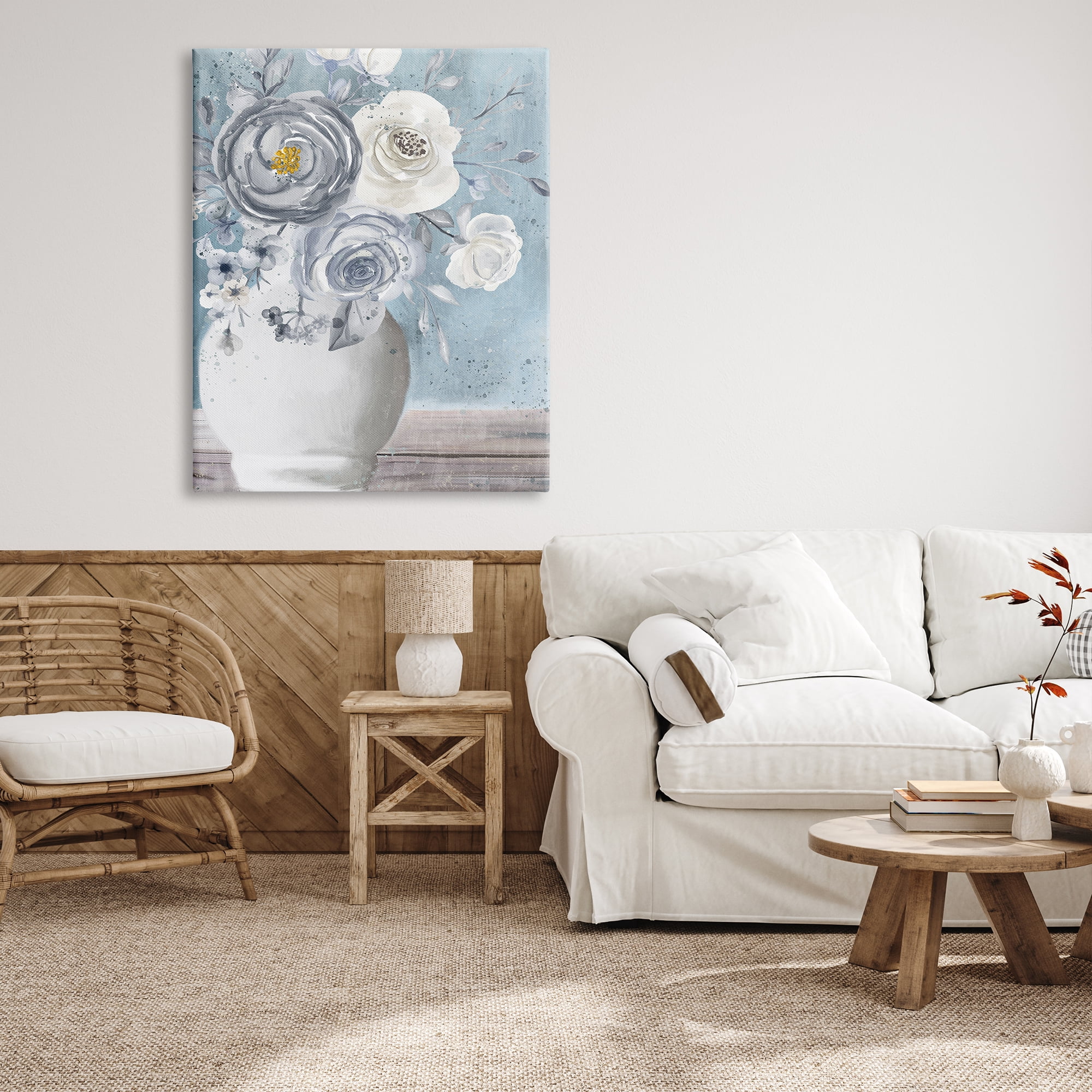 Stupell Industries Round Flower Blossom Bouquet Blue Paint Speckles Painting Gallery Wrapped Canvas Print Wall Art, Design by Kim Allen