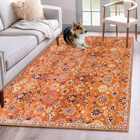 Boho Orange Area Rug 3x5 Washable Rug Non Slip Country Style Bohemian Floral Retro Tribal Large Area Rug Indoor Floor Carpet for Entryway Bedroom Kitchen Living Room Home Office Dining Room Nursery