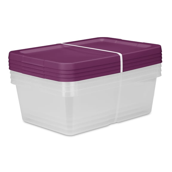 Sterilite Set of (4) 12 Quart Storage Boxes, Clear Plastic Storage Bin with Snap-on Lid, Magenta