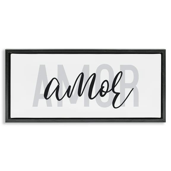 Stupell Industries Amor con Diseño Minimalista Typography and Symbols Painting Black Floater Framed Art Print Wall Art, 25 x 11