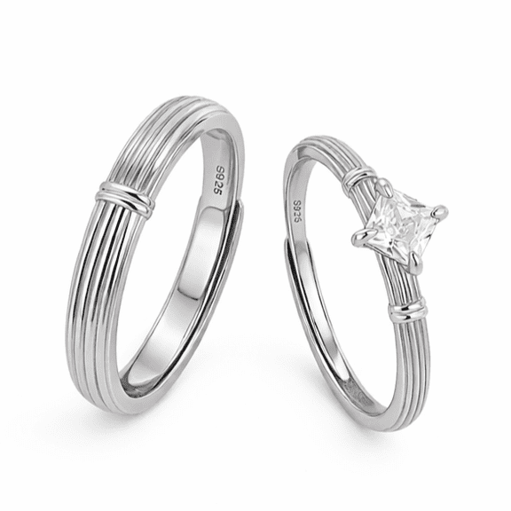 Meissa Modern His and Hers Matching Rings with Layered Line Texture, Men’s Minimal Band and Women’s Solitaire-Inspired Design, Timeless Promise Jewelry Set