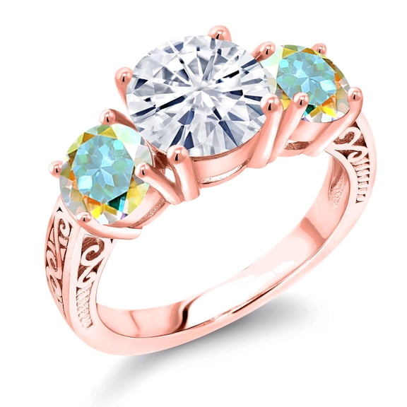 Gem Stone King 18K Rose Gold Plated Silver White Moissanite and Mercury Mist Mystic Topaz Engagement Ring for Women | 3.90 Cttw | Round 8MM | Gemstone Birthstone | Size 6
