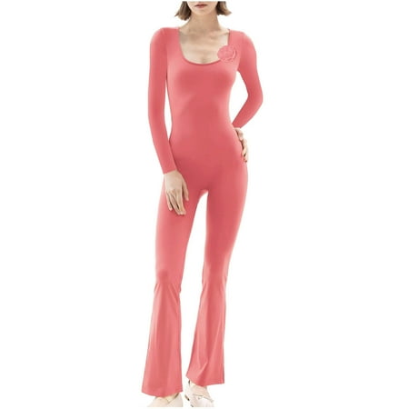 ZyeKqe Jumpsuits for Women Long Sleeve Square Neck Bodysuits Full Length Stretchy Flare Pants 1 Piece Outfits