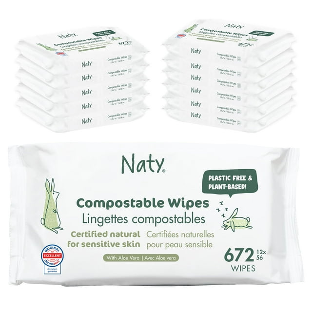 Naty Baby Wet Wipes Aloe | Natural, Unscented, 98% Purified Water for Sensitive Skin | Plant-Based & Fragrance-Free | Plastic-Free & Compostable | Diaper Wipes for Newborns | 672 Count (12 Pac