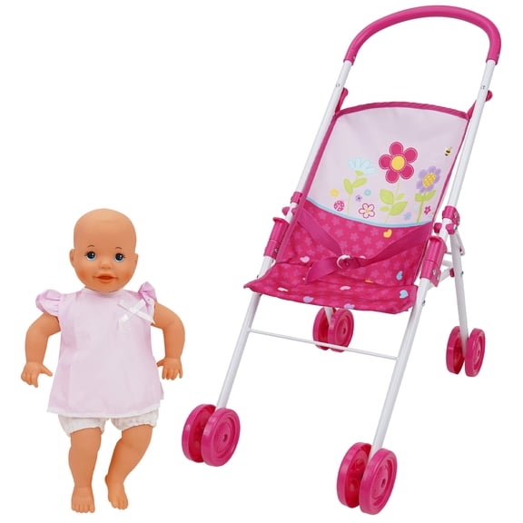 509: Garden Stroll N Doll Set - 14" Baby Doll & Folding Stroller Set, Kids Pretend Play, Ages 3