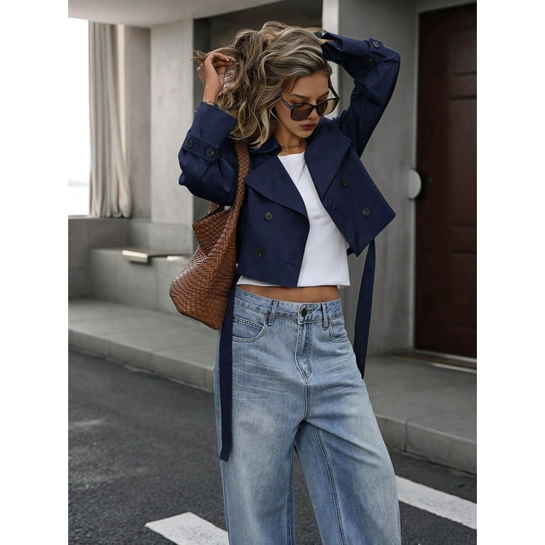 Womens Cropped Trench Coat Lapel Double Breasted Short Jacket