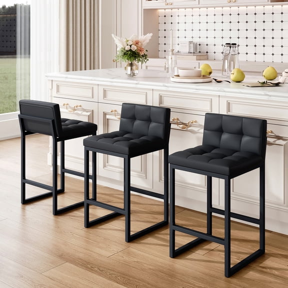 FIRAVOE Bar Stools Set of 3, Counter Height Bar Stools (Low Back)(Thickened Frame) 26" PU Leather Barstools Bar Chairs for Kitchen Island, Black