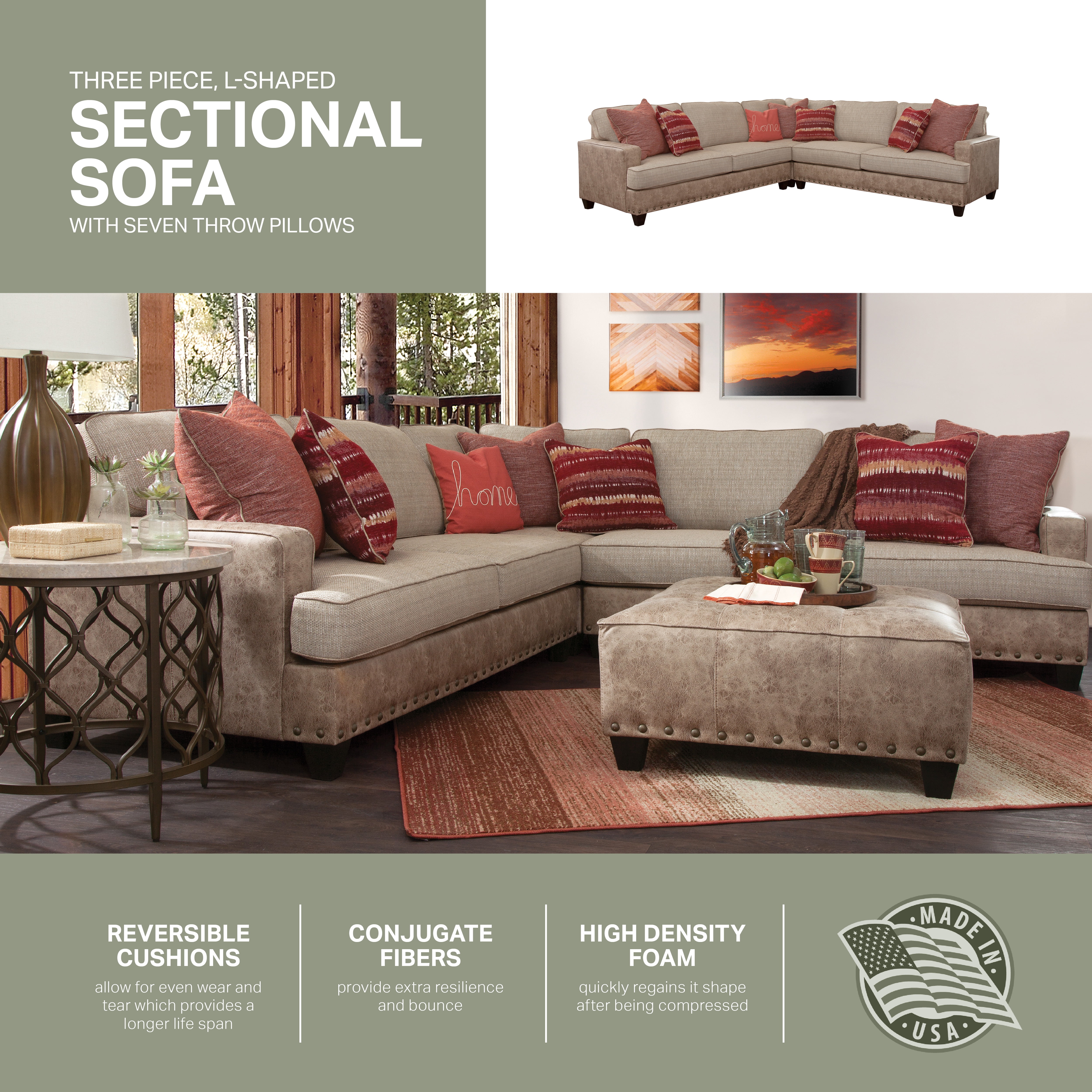 American Furniture Classics Model 8-012-A76V8-K Transitional Track Arm Beige and Brown Three Piece L-Shaped Sectional Sofa with Seven Throw Pillows