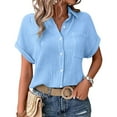 thumbnail image 3 of Pxiakgy Women Linen Button Down Shirt Rolled Cuffed Short Sleeve Blouse Ladies Summer Casual V Neck Beach Double Layer Wrinkled Fabric Tops Batwing Sleeve Pocket Patched Shirt Sky Blue Xl, 3 of 6