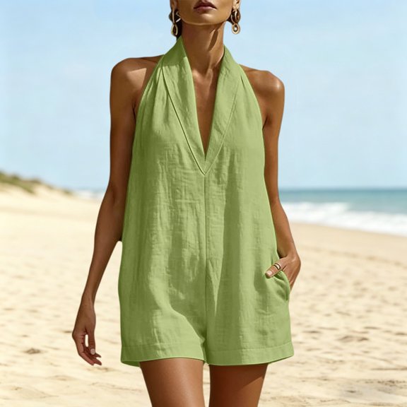 WAGUTH Women's Cotton Linen Halter Rompers Sleeveless V-Neck Shorts Jumpsuit with Pockets for Summer Beach Vacation & Casual Daily