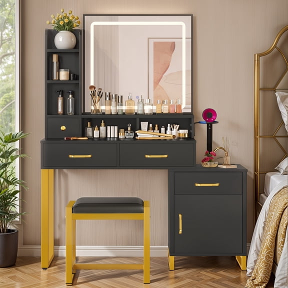 Dextrus Makeup Vanity with Mirror, Lights and Drawers, 3 Lighting Color Options, Black