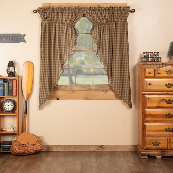 VHC Brands Rustic Cedar Green Plaid Cotton Ridge Curtains Rod Pocket Drawstring Ties Prairie Panel Pair