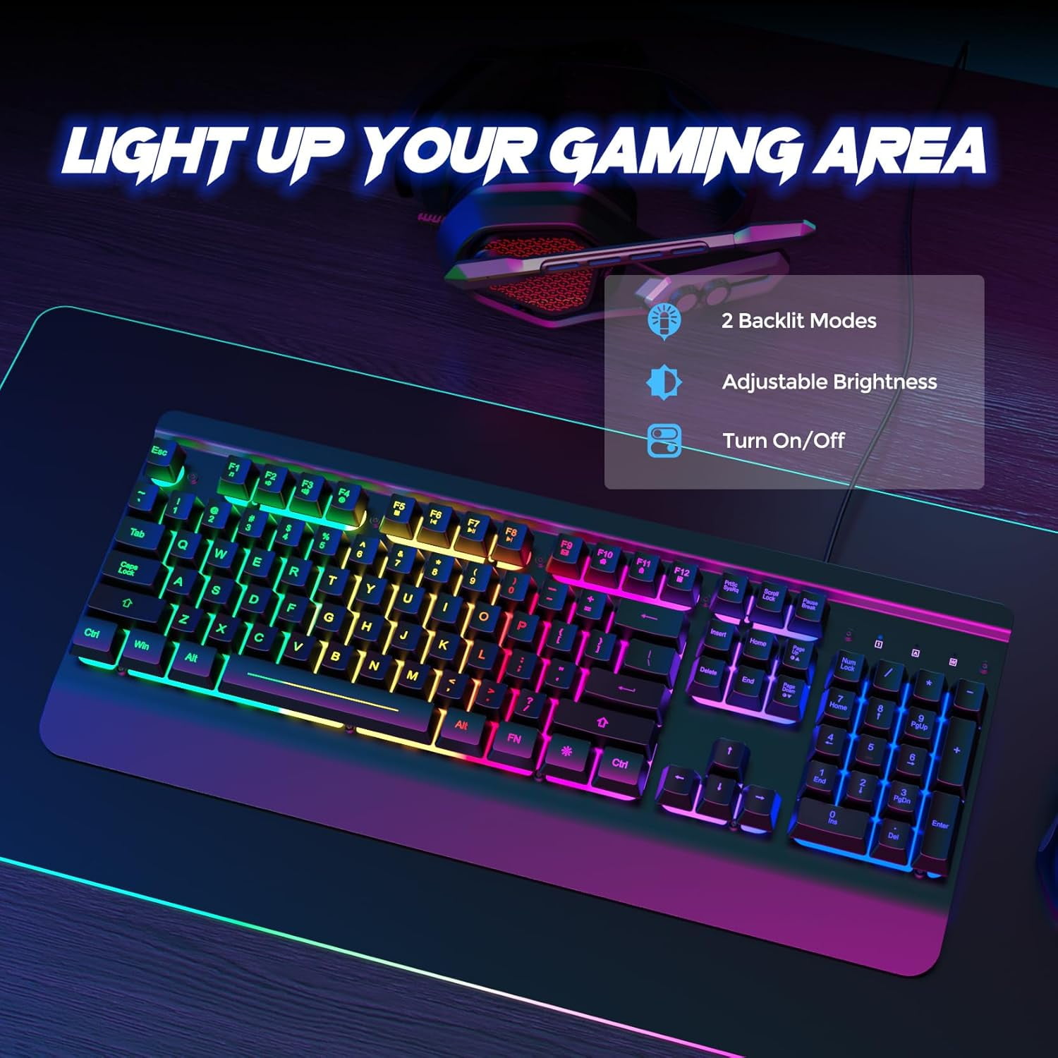 Gaming Keyboard, 104 Keys All-Metal Panel, Rainbow LED Backlit Silent Computer Wrist Rest, Multimedia Keys, Anti-Ghosting, Waterproof Light Up Wired Keyboard for PC Mac Gamer