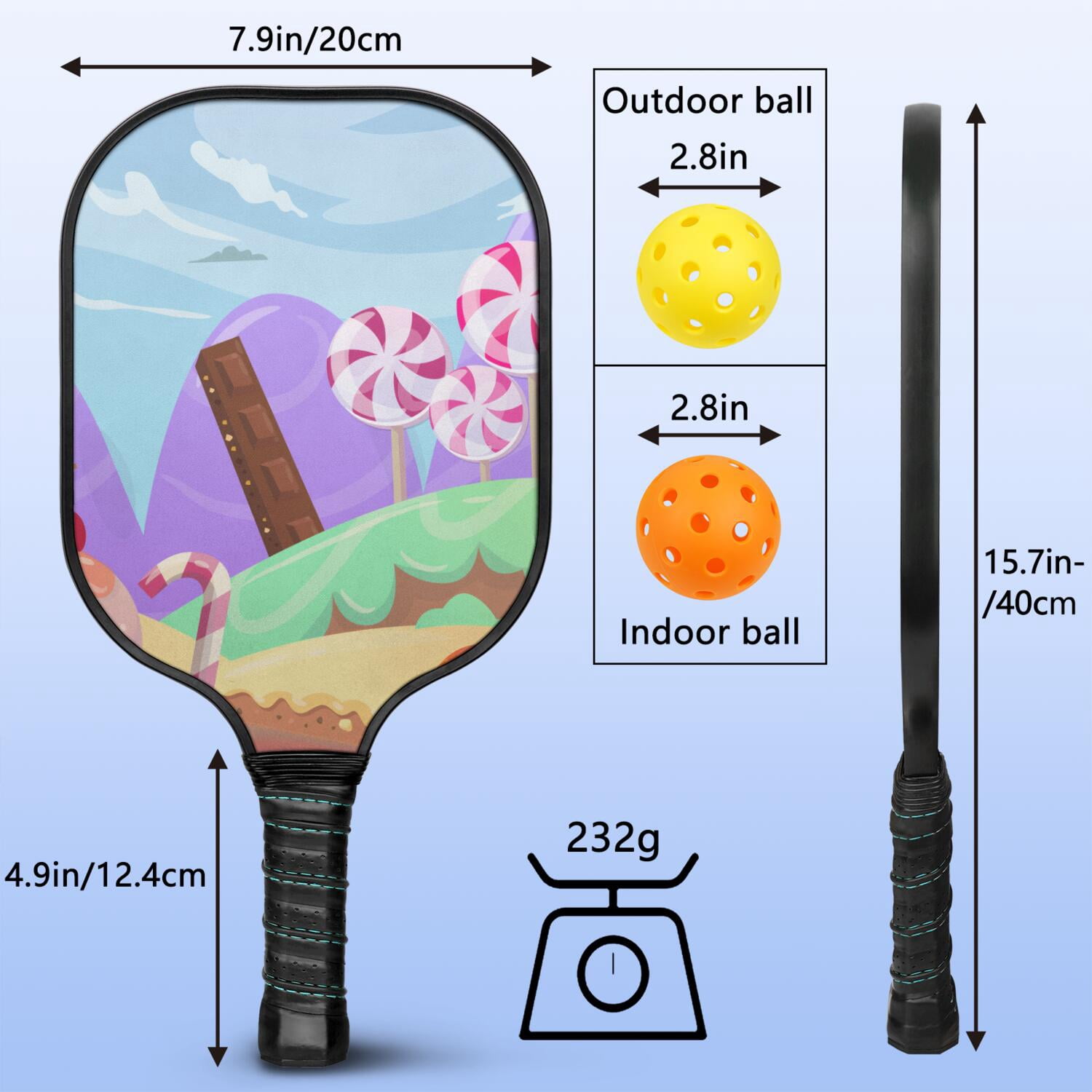 Pickleball Paddles Set Of 2, Fiberglass Surface, Sweet Candy Print, 4 Balls & Bag