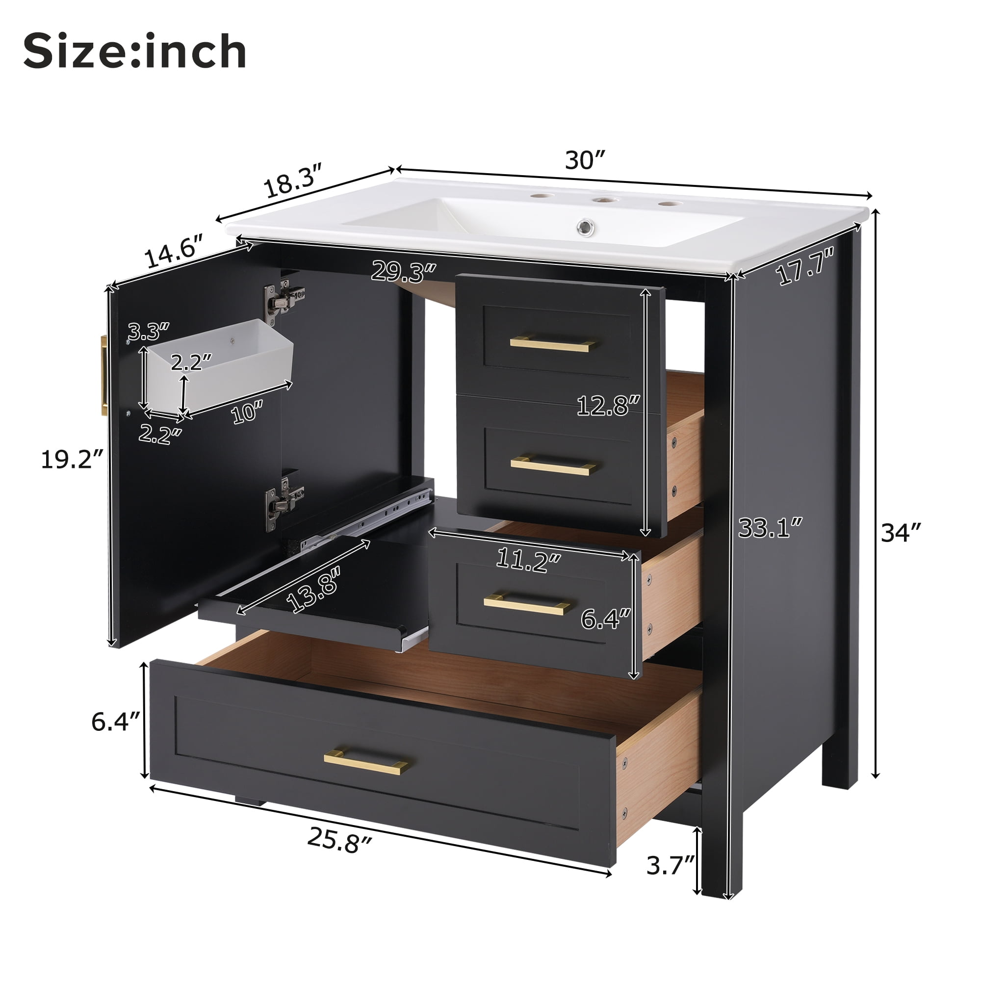 Euroco 30" Black Bathroom Vanity with Sink Combination Set, Bathroom Storage Cabinet with Soft Close Door, 3 Soft Close Drawers and Removable Tray, Solid Wood Frame