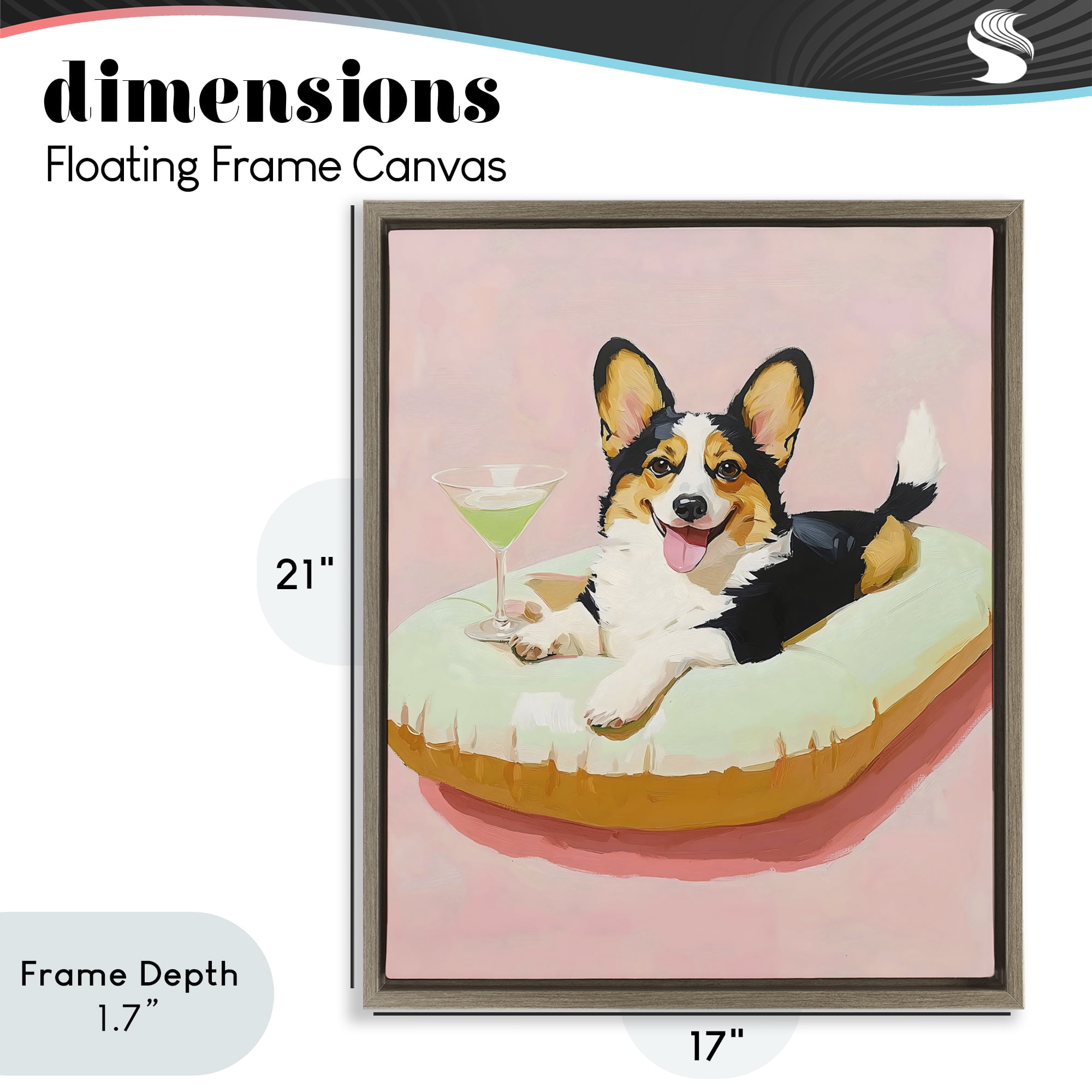 Stupell Industries Pastel Corgi with Cocktail Brown Framed Floater Canvas Wall Art, design by The Prints Vibe