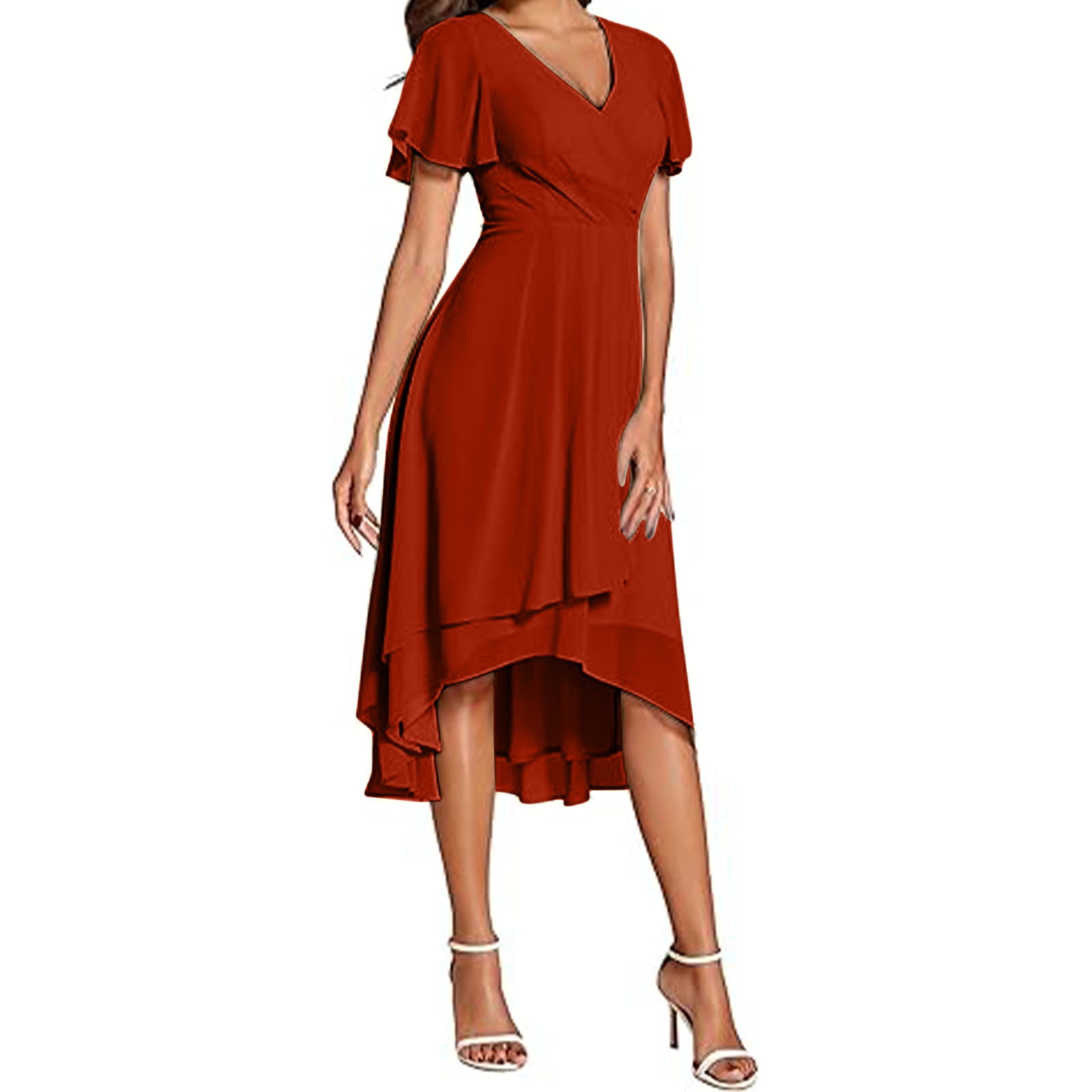 gljltg Women's Solid Color Ruffle Sleeves Pleated V-neck A-line Mid Length Short Sleeve Dress for Women, Girl, Spring, Summer, Suitable for Casual, Daily, Birthday, Dating, Dance