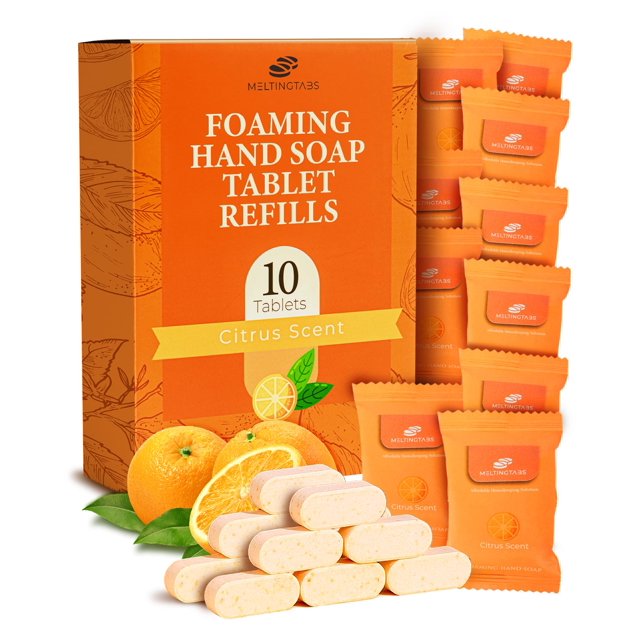MELTINGTABS Recambio de tabletas de jabón de manos espumoso (paquete de 10) - Tabletas concentradas con aroma cítrico para recambios de jabón espumoso sin ensuciar