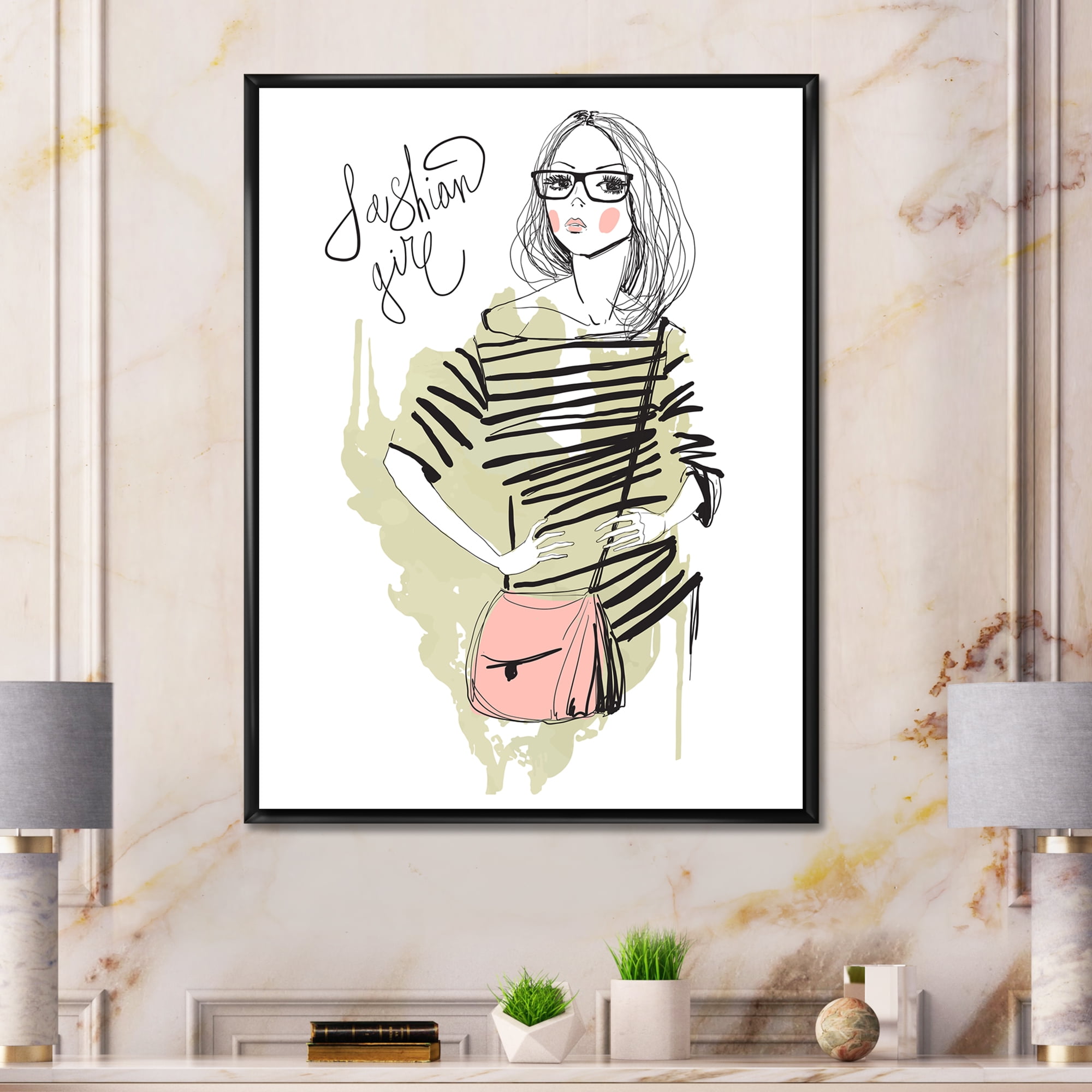 Designart 'Trendy Fashion Woman' Shabby Chic Framed Canvas Wall Art Print